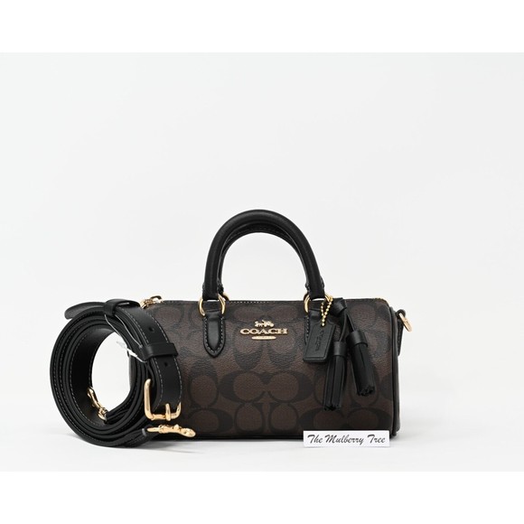 COACH LACEY Crossbody Barrel Bag Brown Black Signature Canvas CK689 NWT Org $328 - Picture 1 of 14